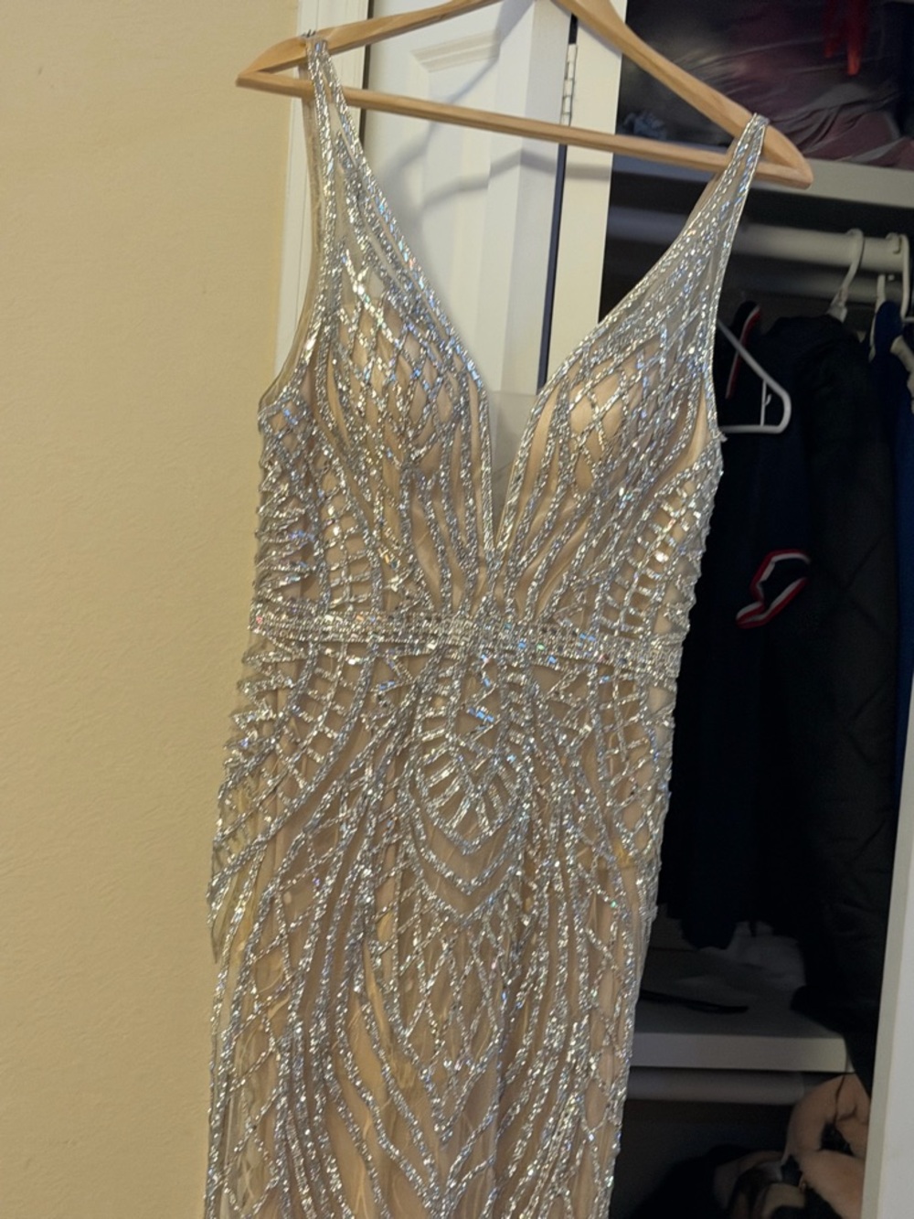 Silver-Beaded Nude Prom Gown with Plunging V-Neck